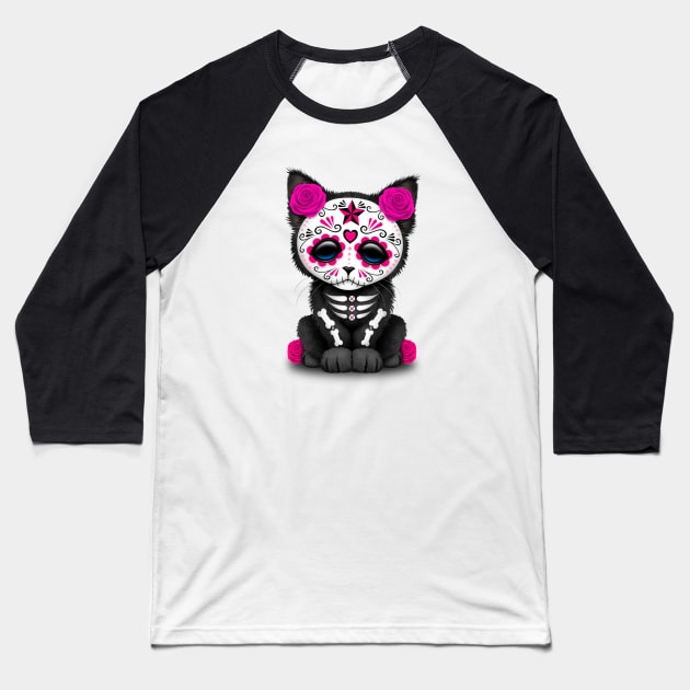 Cute Pink Day of the Dead Kitten Cat Baseball T-Shirt by jeffbartels